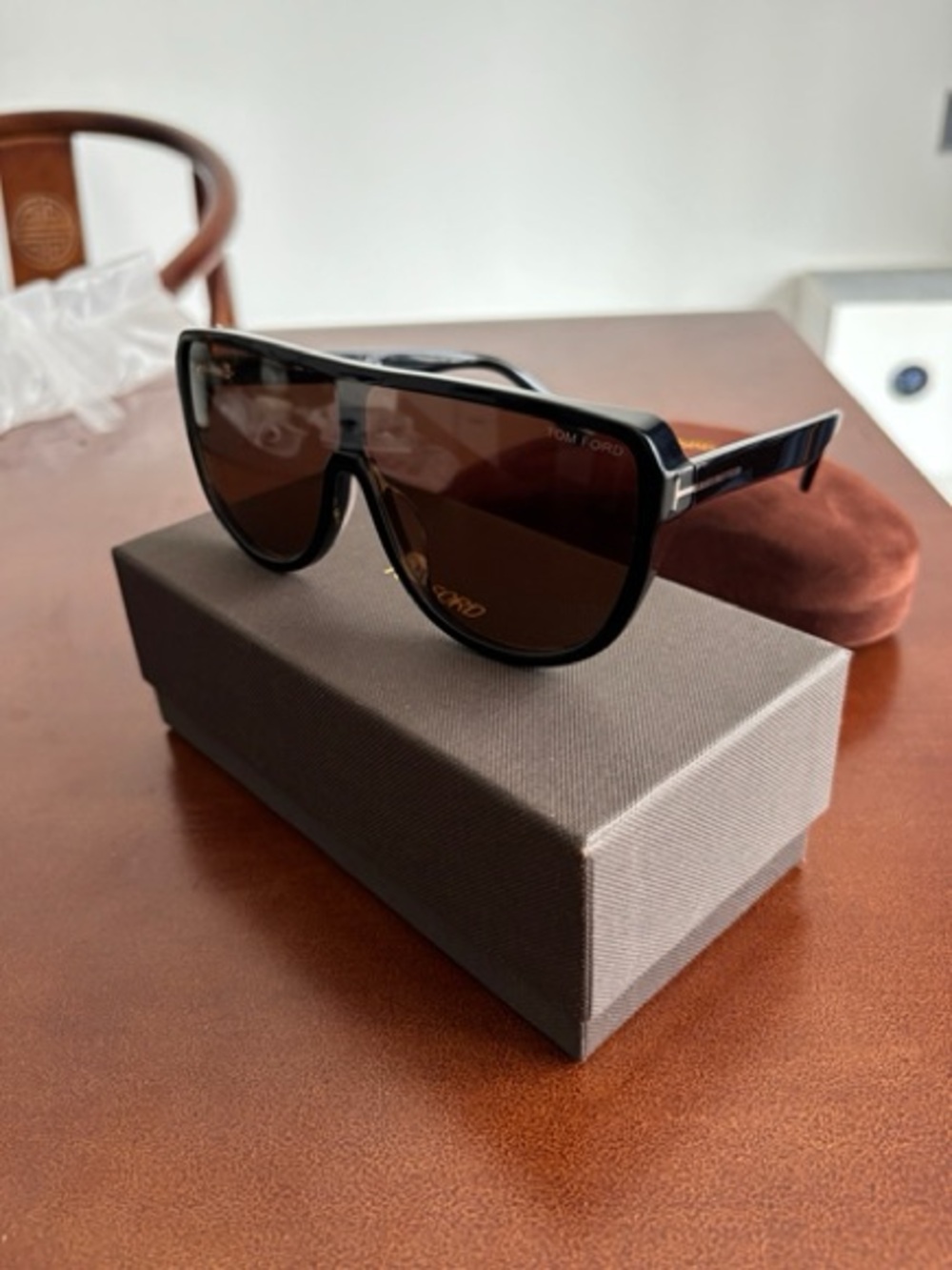 Tom Ford Black Shield Sunglasses with Brown Lenses